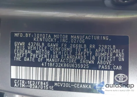 2006 Toyota Camry Le V6 from USA, damaged, VIN 4T1BF32K86U635925